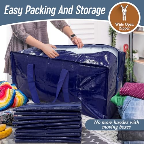 6 Pack Extra Heavy Duty Large Moving Bags with Strong Zipper & Comfortable Handles, Sturdy & Durable Clothes Storage Bags Totes Bins, Blue Packing Moving Boxes for College Supplies, Dark Blue - Image 6