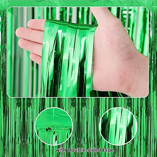 Image of 2 Pack 3.28 ft x 6.56 ft Green Tinsel Curtain Party Backdrop Decorations, Metallic Foil Fringe Backdrop Door for Halloween, Christmas, Birthday Graduation Wedding Party Streamers Photo Backdrop.
