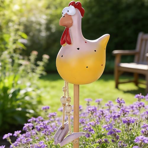 HIULLEN Keramik Huhn Gartendeko Huhn Deko Garten Handarbeit Gartenstecker Hühner Gartenfigur Harz Gartendekoration Hahn Gartenstatue Henne für Außen Balkon Garten Ostern(Gelb)
