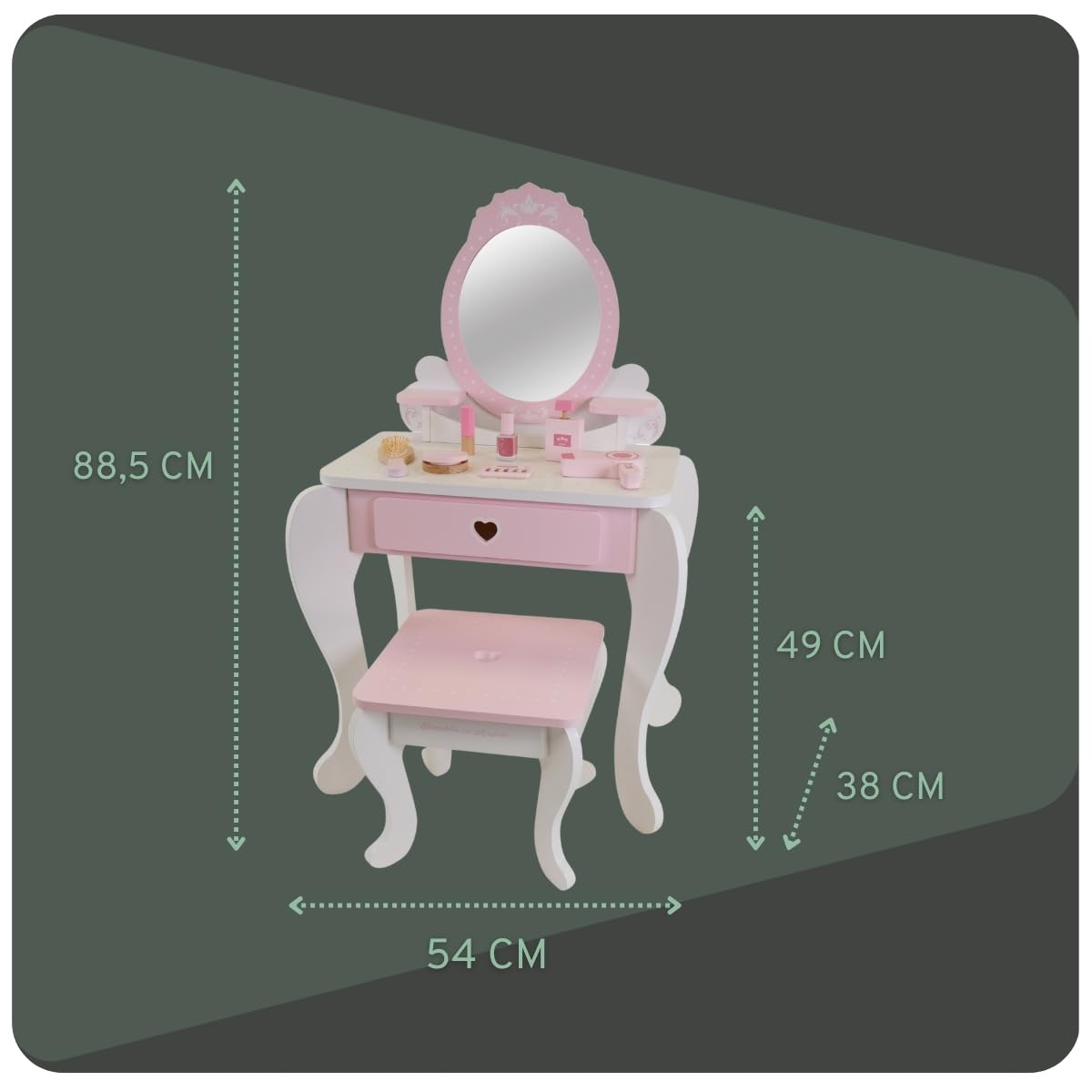 Bandits & Angels Kinderschminktisch Julia Weiß Rosa mit Spiegel für Mädchen ab 3 Jahren - Schminktisch aus Holz - Schminktisch inklusive Hocker - Für Kinder