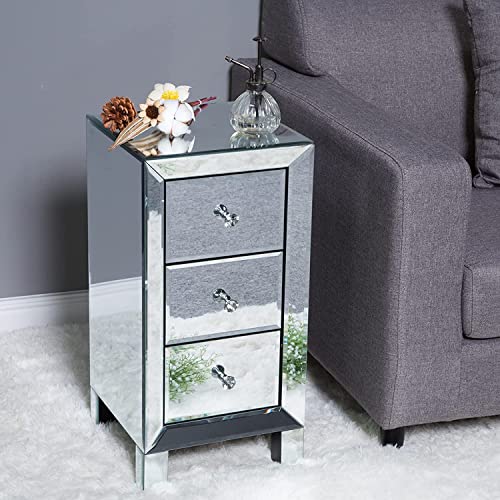 Image of VINGLI Mirrored Nightstand with 3-Drawers Silver Side End Table Set of 2 Mirrored Furniture for Small Space, Bedroom, Living Room