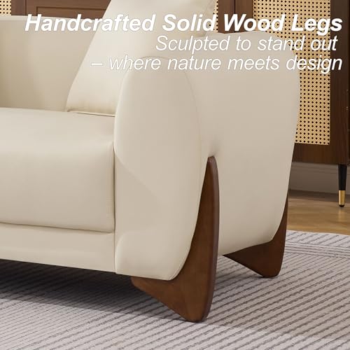 Image of 87 inch Faux Leather Cloud Couch Modern 3 Seater Sofa with Solid Wood Legs, 25 inch Extra Deep Seat, Comfy Thick Cushion Upholstered Sofa Couches with 3 Pillows for Living Room, Biege