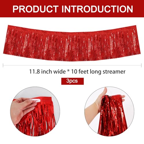 Image of BEISHIDA 3 Packs Metallic Foil Fringe Garland Laser Red Wall Hanging Tinsel Fringe Banner for Car Floats Bridal Shower Wedding Valentine's Day Birthday Anniversary Graduation Party Decoration(30 Feet)