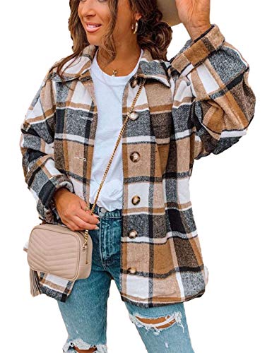 Himosyber Women's Casual Woolen Plaid Lapel Button Down Shacket Jacket Shirts Coat (Khaki, Medium)