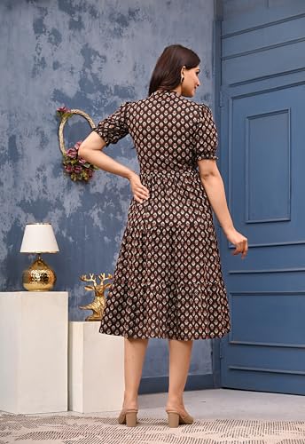 Image of LABEL ADRIJA Pure Cotton Calf Length Midi Dress for Women Floral Print | Flared Anarkali Dress Puff Sleeves