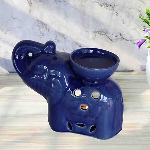 Image of Pure Source India Blue Elephant Ceramic Oil Burner with Tealight Candle - Handcrafted Decorative Aroma Diffuser for Home & Spa Use