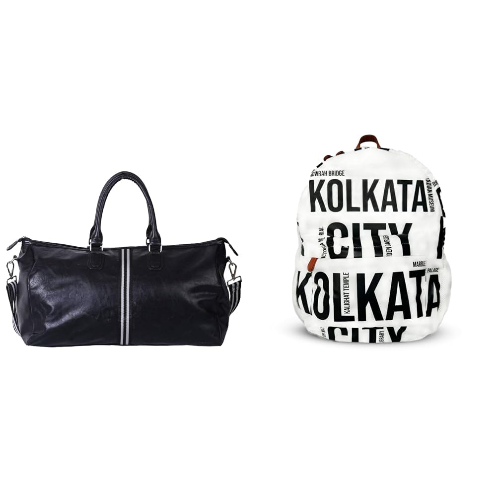 Genuine Leatherette Black & White Travel Bag for Men Women (25 Liters) + Air Backpack White Kolkata City Print 20L Lightweight Waterproof Anti-Theft Nylon Laptop Backpack for Men &-image-23
