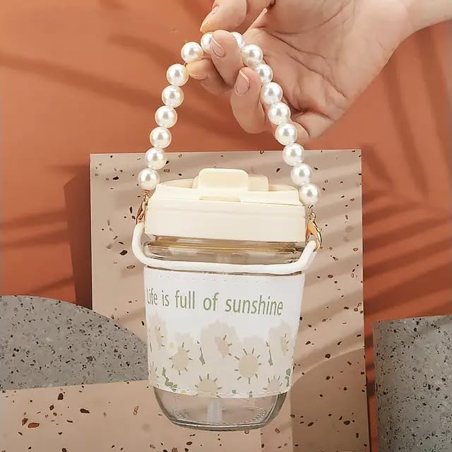 Image of Reusable Glass Coffee Sipper Mugs with Lid & Straw Pack of 1, 350ml Multipurpose Drinking Glasses Tumbler with Leather Sleeve Cup for Juice Smoothies Iced Tea Home & Travel (Moti Mug)
