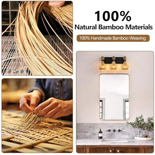 Image of LmnLvn Farmhouse Bathroom Light Fixture, 3-Light Boho Vanity Light, Bamboo Bathroom Light Fixture Over Mirror Rustic Vanity Lighting with Handmade Bamboo Shades, Suit for Restroom, Bedroom, Hallway