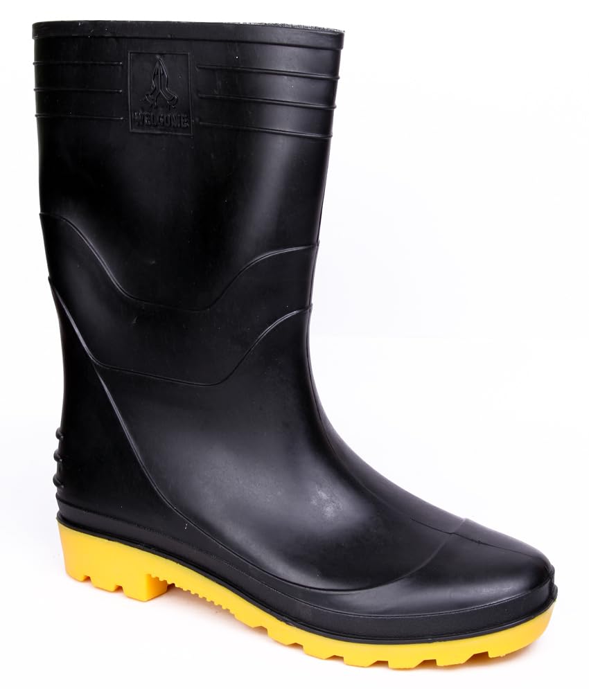 Image of Hillson Welcome Gumboot | Waterproof, Anti-Skid, Comfortable Sole, Black & Yellow, Protection against Oil, Acid, Chemicals | Size 08 INDIA /UK