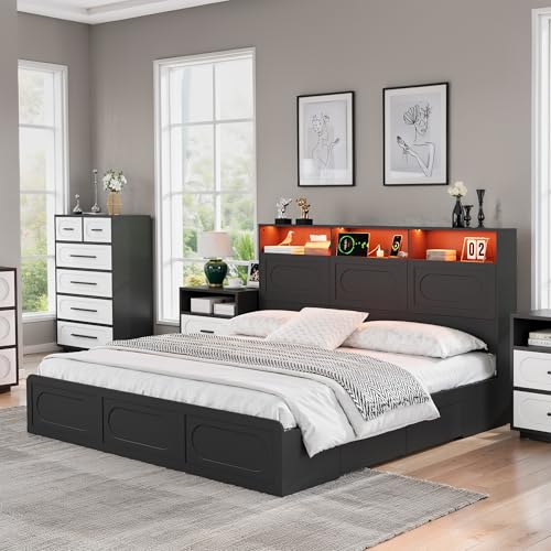 Image of 3 Pieces Bedroom Set, King Size Bed Frame with Storage Headboard, 2 Nightstands with Charging Station, Black