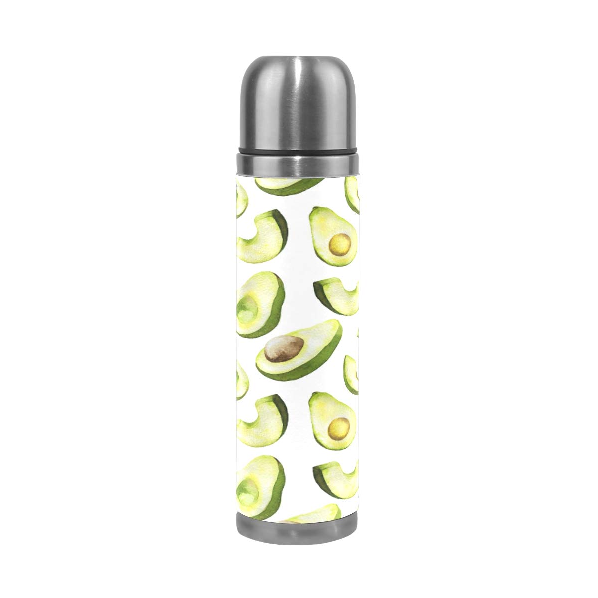 Taza de viaje aislada al vacío de acero inoxidable con doble pared a prueba de fugas, diseño de aguacate personalizado impreso en piel auténtica, termo termo de 500 ml