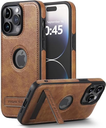 BinBoom Custodia in pelle per iPhone 14 Pro, Cover di lusso sottile e flessibile con impugnatura morbida, Custodia protettiva sottile con cavalletto antiurto compatibile con iPhone 14 Pro (Marrone, pe