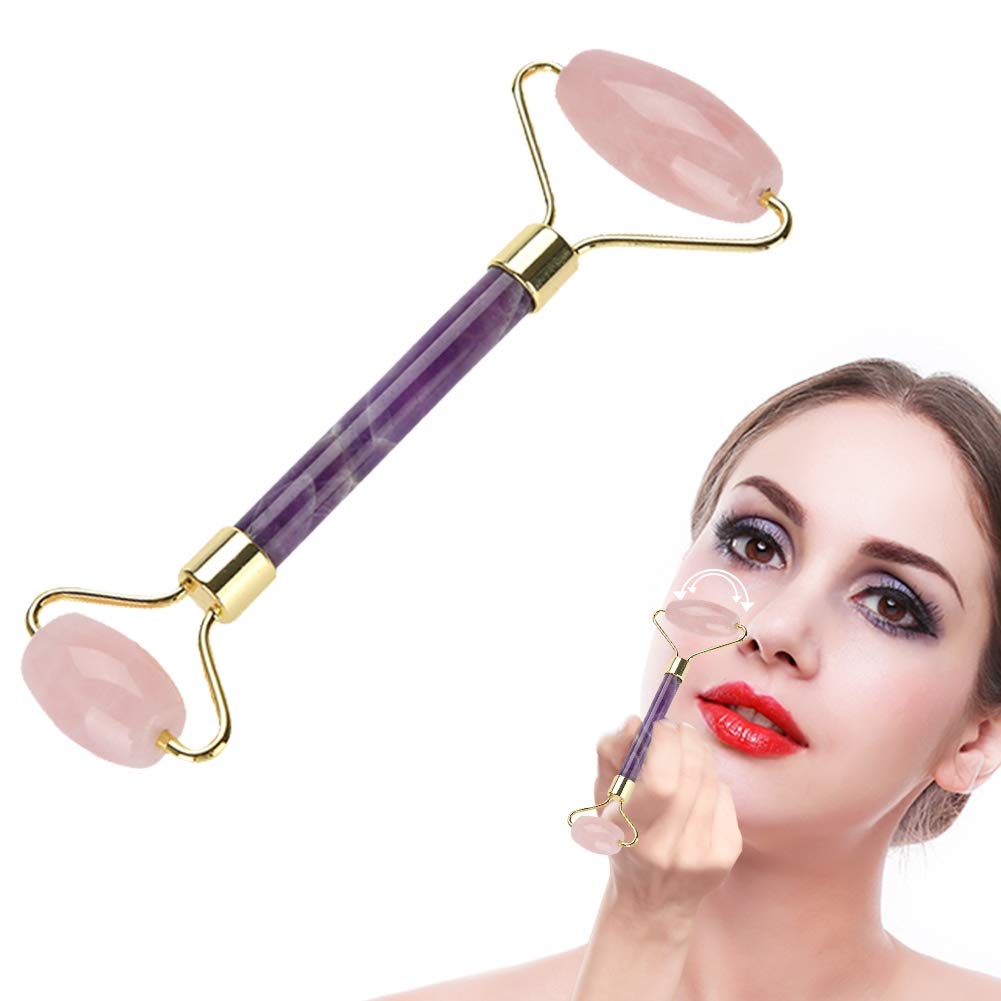 Pongnas Jade Roller Massage Premium Dwustronny Masażer do Twarzy do Usuwania Zmarszczek i Odmładzania Skóry Biały Ametyst (Końcówka z kwarcu różowego + pręt ametystowy)