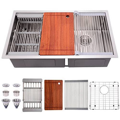 TopCraft Küchenspüle, Arbeitsstation, Doppelschüssel, 83,8 cm, Unterbau, 16 Gauge, Küchenspüle aus Edelstahl, mit integrierter Leiste 60/40 Küchenspüle, HRO3319GSS Cover