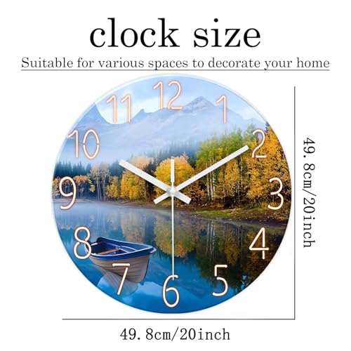 Image of XFM Large Natural Landscape Glass Wall Clock 20 Inch | Silent Non-Ticking Battery Operated Modern Nature Lake Boat Decorative for Living Room Kitchen Bedroom Office