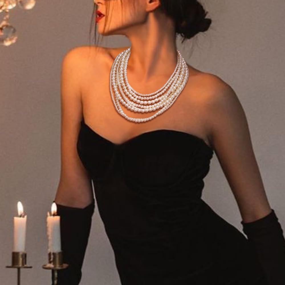 BriLove Vintage 1920s Costume Jewelry Multilayer Imitation Pearls Art Deco Chunky Strand Choker Necklace for Women Halloween Cosplay Party Prom Accessories - Image 4