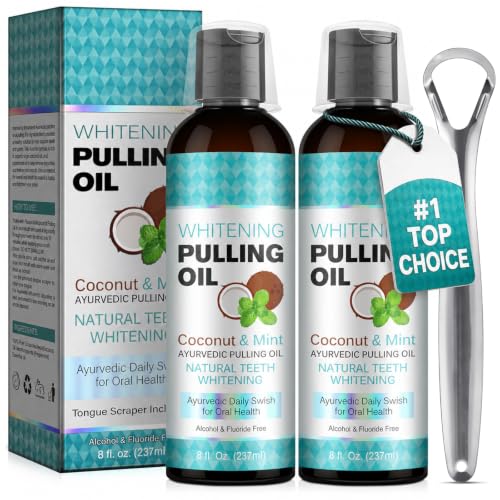2 Packs Coconut Oil Pulling Mouthwash Ayurvedic Oral Rinse for Healthy Gums & Fresh Breath Natural Teeth Whitening Alcohol & Fluoride Free Deep Cleaning Mint Formula with Tongue Scraper 16 fl oz