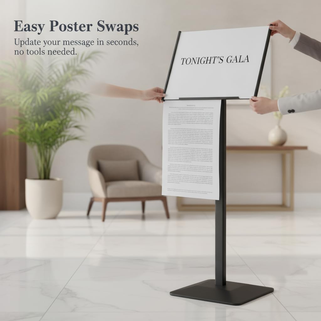 Expositor Carteles Suelo Ajustable , Negro | Acero resistente, plástico | exhibición , ción pie, ángulo ajustable, PET, para Concesionarios