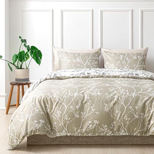 Image of Lekesky Queen Size Duvet Cover Set, Reversible Duvet Cover Queen with Branch Pattern, Lightweight Soft Microfiber Comforter Cover, 3 Pieces Khaki Bedding Set with Zipper and 2 Pillowcases