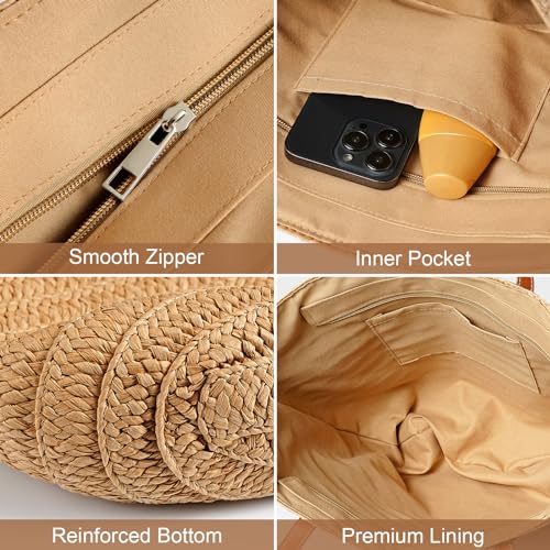 Image of Pleneal Straw Beach Bags for Women - Women Beach Handmade Woven Tote Bag, Summer Mesh Hollow Shoulder Bag for Holiday