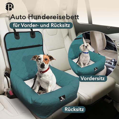 BLUZELLE Hunde Autositz & Hundebett 2-in-1 für Auto Rückbank & Vordersitz - TRAVELBUDDY Wasserfest, rutschfest & Waschbar - Inkl. Sicherheitsgurt & Oxford-Stoff - Marke aus Berlin, Farbe:Petrol