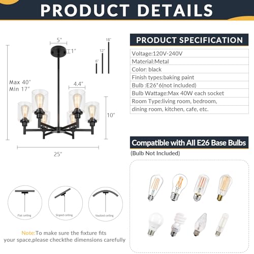 Lightdamy Farmhouse Chandelier With Cylinder Clear Glass 6 Light Vintage Black Bedroom Kitchen Island Pendant Ceiling Lighting Industrial Metal Hanging Fixture For Dining Room Living Room thumb #2
