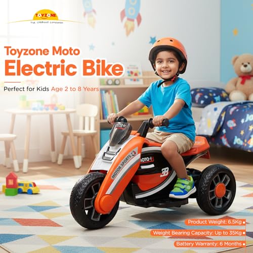 Image of Toyzone Moto Electric Bike (Orange) | 6V Rechargeable Bike with 4.5Ah Battery | LED Lights, Built in Music | Smooth Acceleration | 6M Battery Warranty | Age 2-8 Years, Upto 35 kg