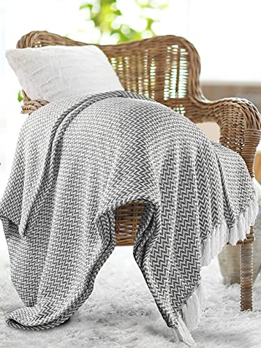 Image of SASHAA WORLD Chevron Throw Blanket Handwoven with Fringes | Throw for Living Room, Bed, XL Sofa & Chair | Grey Throw Blanket | 150x200 cm Pack of 1