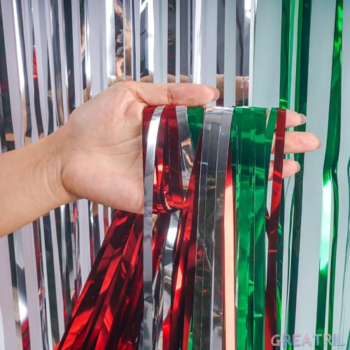 Image of Red Silver Green Party Streamers - GREATRIL Christmas Tinsel Backdrop for Xmas Winter Italian Elf Themed Parties Decorations - 2 Packs