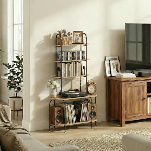 Image of Faesun Record Player Stand with Storage, 5-Tier Turntable Stand with Charging Station, CD Storage with Adjustable Book Stoppers, for CDs, Vinyl Records, Books, Games, for Living Room, Bedroom, Oak