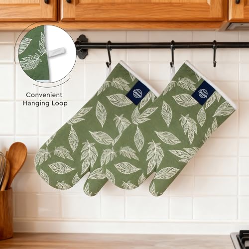 Image of Encasa XO Extra Long 18x35 cm Microwave Oven Gloves Mitts (2 pcs) for Kitchen Cooking - Big Leaf Green - Heat Resistant, Thick & Safe, Protection of Hands from Hot Utensils, Gas Flame, Grill, Barbecue