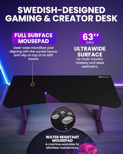 Image of Arozzi Arena Ultrawide Curved Gaming and Office Desk with Full Surface Water Resistant Desk Mat with 3 Custom Monitor Mount Cut Outs and Under The Desk Cable Management Netting - Deep Purple