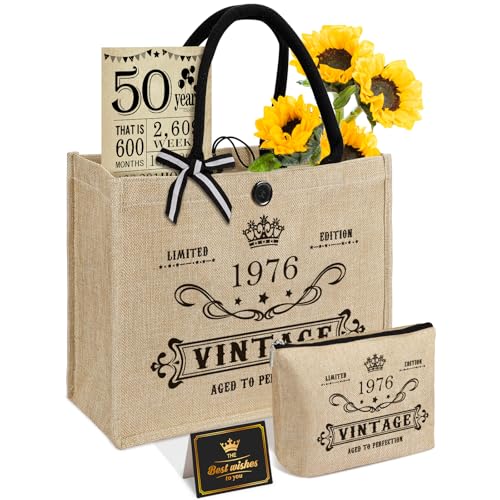 50. Geburtstagsgeschenke für Frauen Jute Tote Tasche, einzigartige 50 Jahre alte Geschenke für Mutter Freunde Klassenkameraden, Vintage 1976 Burlap Tasche & Make-up Handtasche & zurück in 1976 Poster