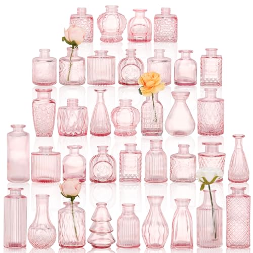 36pcs Pink Glass Bud Vase Set Small Flower Vases for Centerpieces in Bulk Mini Vintage Vase for Home Wedding Table Decor