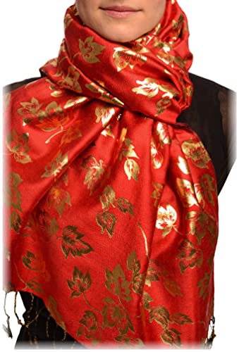 Pashmina rouge imprimé feuilles d'or LissKiss 70x180cm