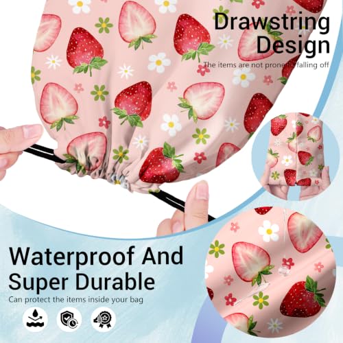 Image of Strawberry Storage Bag With Drawstring Small Flowers Print Waterproof Pouch for Travel Beach