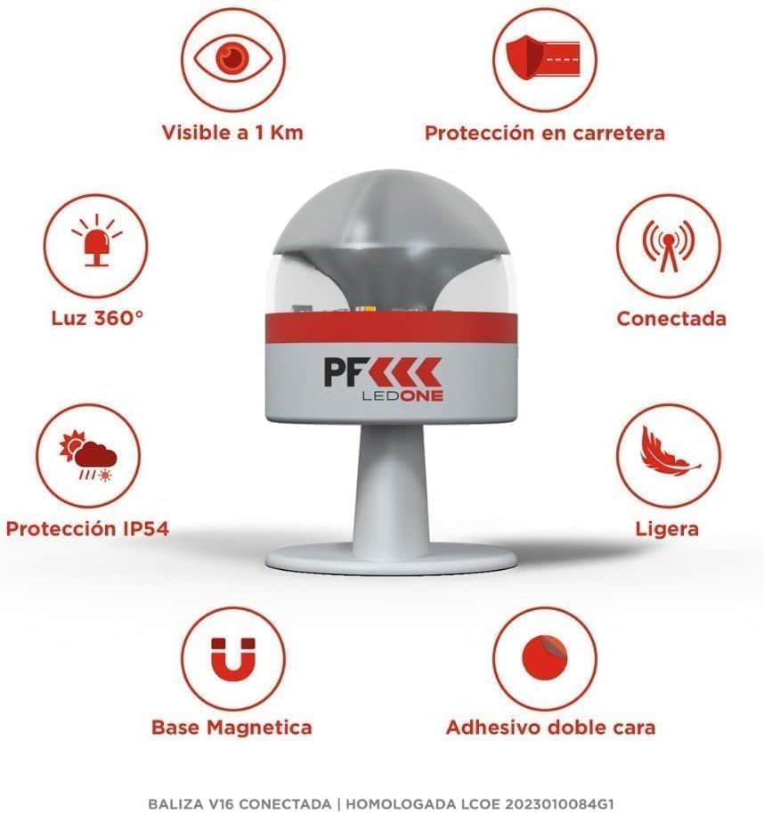 PF LED ONE V16 Emergency Beacon with icons illustrating features like 1km visibility, IP54 protection, magnetic base, and connectivity
