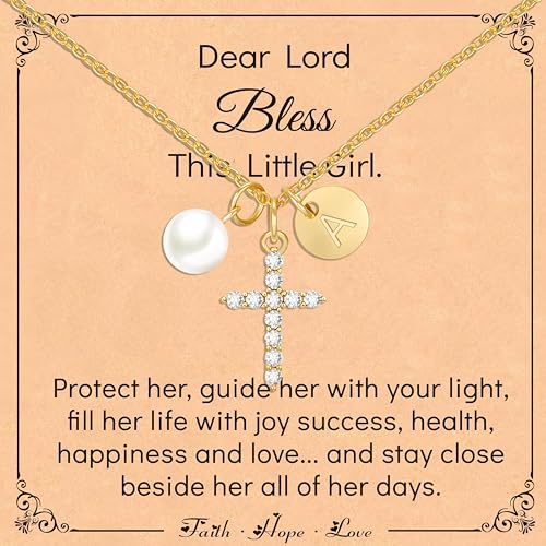 Cross Pearl Initial Necklace for Girls,First Communion Baptism Confirmation 14K Gold Plated Little Girls Jewelry Gifts for Teenage Daughter Best Friend