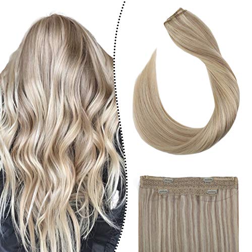 Ugeat Halo Hair Extensions Invisible Wire Human Hair Extensions 12Inch Flip on Real Hair Extensions Ash Blonde with Bleach Blonde #P18/613 Human Hair Halo Extensions for Women 70Gram
