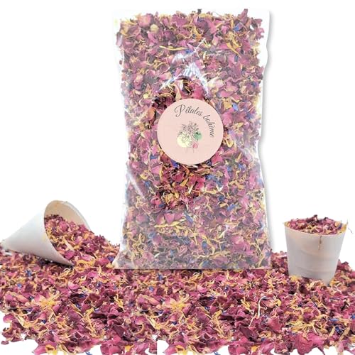 PETALES BOHEME - 1 Litre Confettis Mariage Fleurs séchées en Vrac Biodégradables - Rose Bleuet Calendula | Décoration Champêtre - Petales de rose a Jeter Mariage France (Multicolore)