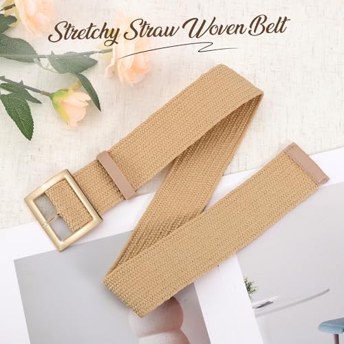 JASGOOD Straw Woven Elastic Belt for Women Wide Stretchy Rattan Waistband for Dress Boho Braided Belt with Gold Buckle3