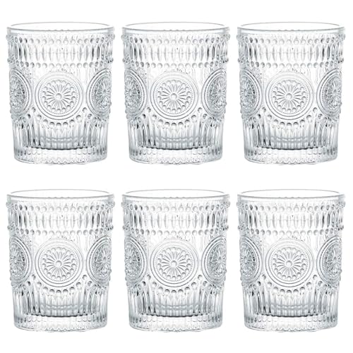 Image of Whiskey Glasses Set of 6 pcs- 300 ml Bar Glass for Drinking Bourbon, Whisky, Scotch, Cocktails, Cognac- Old Fashioned Cocktail Tumblers (6, Embossed)
