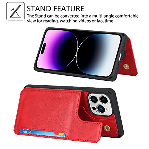 Image of Cavor for iPhone 14 Pro Case with Card Holder,for iPhone 14 Pro Wallet Case for Women Men,Phone Case for iPhone 14 pro with Stand Credit Card Holder, Leather Strap Shockproof Cover- Red