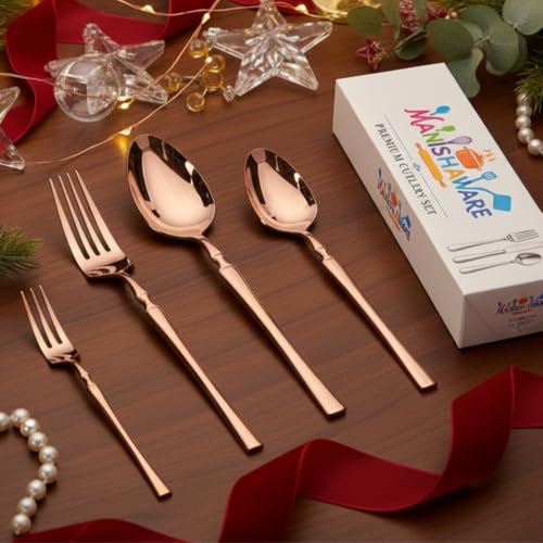 Image of Classic Rose Gold 4 Pcs Stainless Steel Cutlery Set for Dining Table, Dishwasher Safe Glossy Flatware (Perfect Spoon Fork Set)