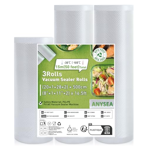 Anysea Bolsas Vacio Alimentos 3 Rollos：20x1/28x2/x500 cm Rollos Envasadora al Vacio Sin BPA, Bolsas Envasar al Vacio Alimentos apto para Sous Vide Cocina y Selladores al Vacío