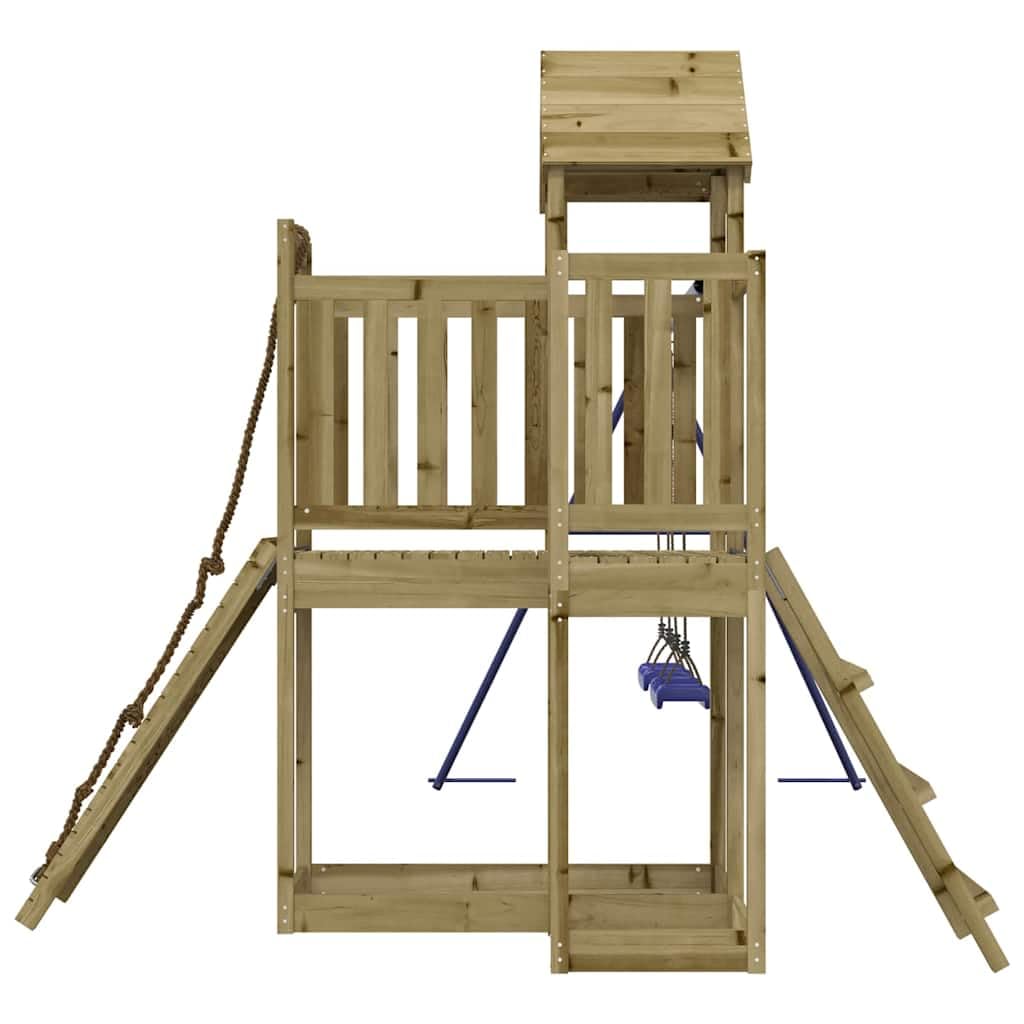 Torre da gioco in legno di pino impregnato con parete da arrampicata, doppia altalena, sabbiera e scala a maglia per giardino, parco giochi all'aperto, movimento e promozione delle capacità