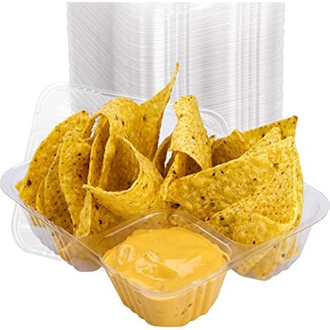 Avant Grub Anti-Spill, Durable 5x6 Inch Plastic Nacho Trays 100Pk. Versatile Plastic Dishware Plate, Reusable 2 Compartment Boats Great for Dips, Snacks, Fries, Fair Foods. Portable Nacho Chip Holders Cover