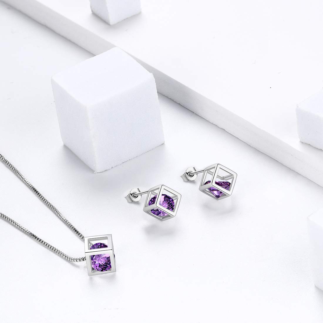 Aurora Tears 925 Sterling Silber Birthstone Halsketten Ohrstecker Schmuck Sets Geschenke Quadrat Birthstone Anhänger für Frauen und Mädchen