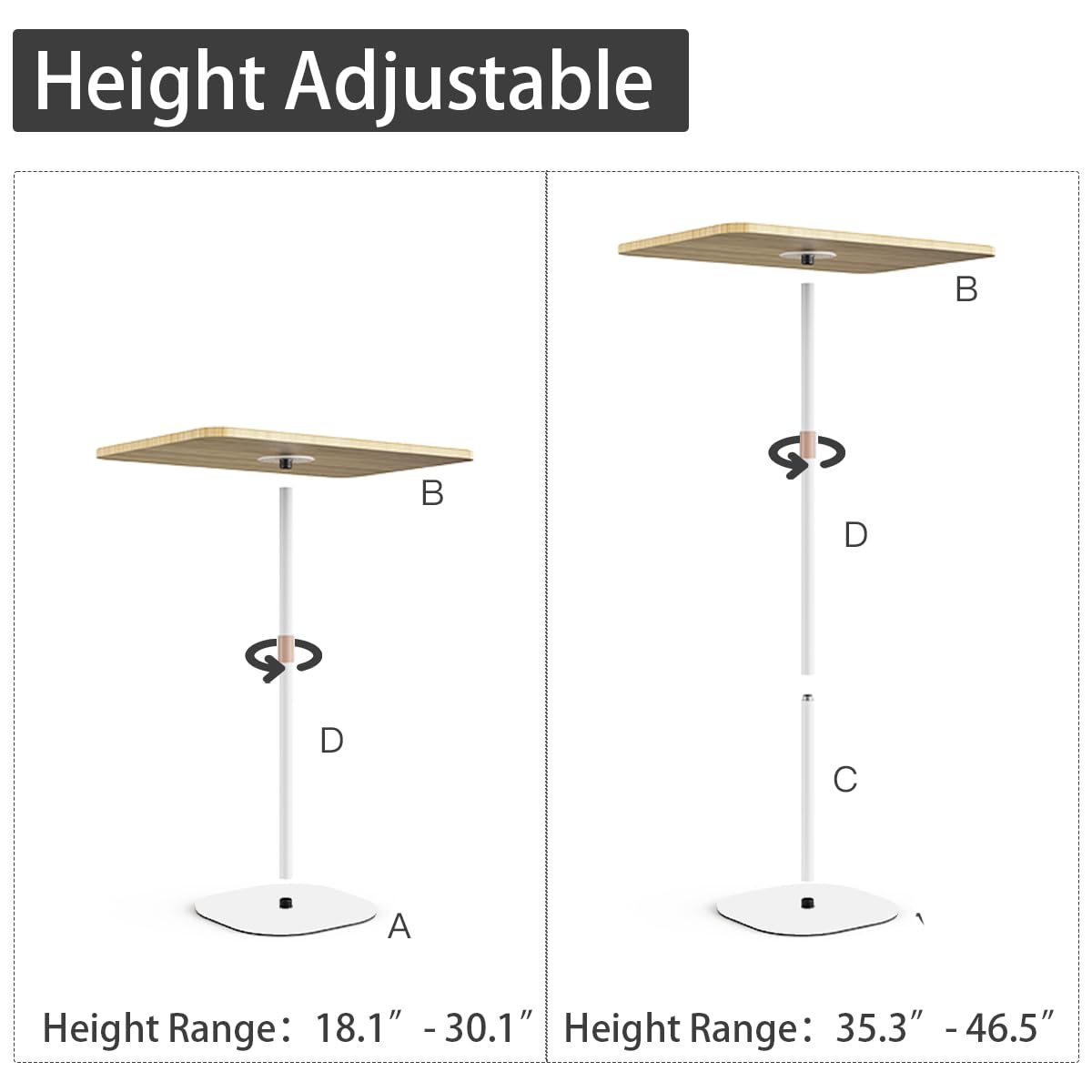 Escritorio de pie pequeño para laptop, mesa auxiliar de pedestal de altura ajustable con parte superior de madera, mesa auxiliar alta portátil para mesita de noche, sofá, sala de estar, dormitorio, 2